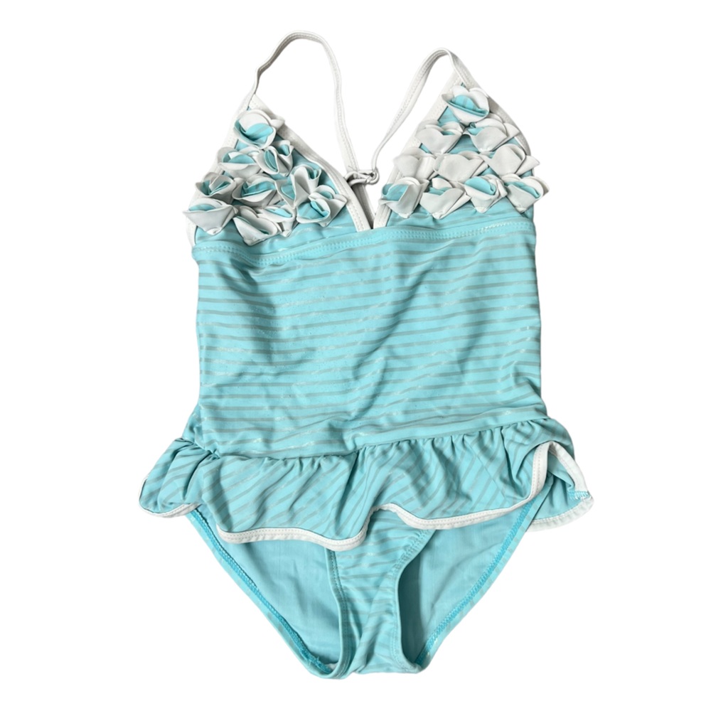 Floatimini Blue One Piece Swimsuit With Flowers On Chest - Size 6
